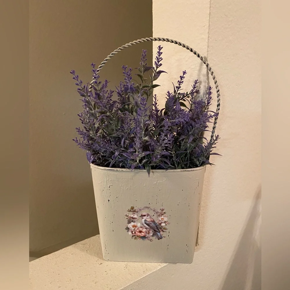 Lavender Florals in Metal Planter.Hand Painted with added Bird Transfer.Can Hsng
